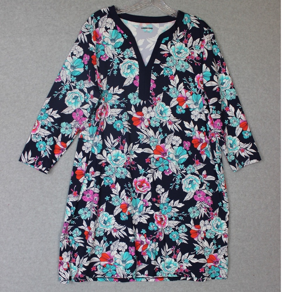 Lands End LS Navy Tropical Print Beach Swim Cover Up Dress LARGE